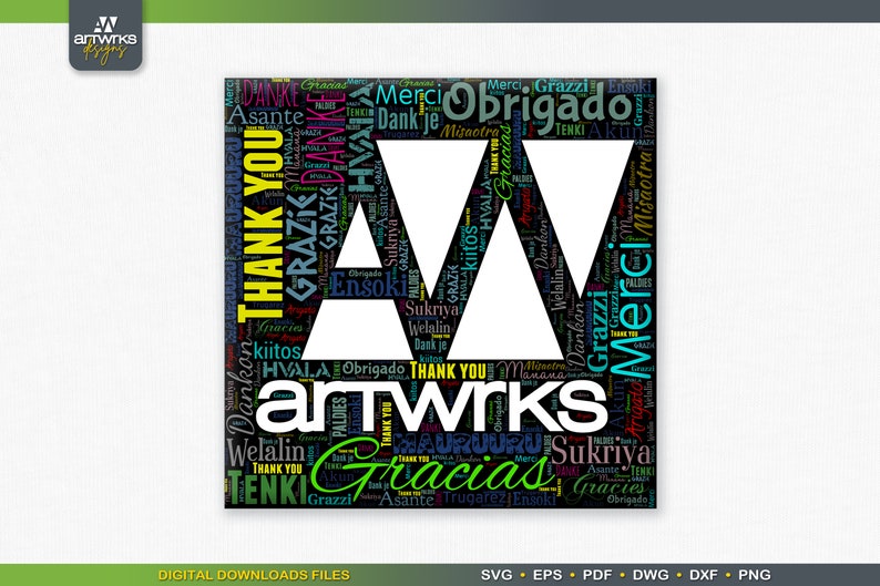 May include: A black and white graphic design featuring the word "artwrks" in white letters surrounded by a word cloud of "thank you" in different languages. The word cloud is in a variety of colors, including yellow, green, blue, pink, and purple.