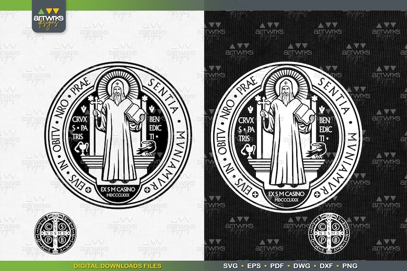 May include: Black and white illustration of a religious icon with a circular frame. The icon depicts a figure in a robe holding a book and a cross. The text around the frame reads "OBITV NRO. PRAE SENTIA EIVS IN. MVNIAMVRO BEN EDIC. &Pi;" and "EX SM CASINO MDCCCLXXX".