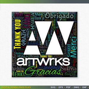 Puede incluir: Un dise&ntilde;o gr&aacute;fico en blanco y negro con la palabra "artwrks" en letras blancas rodeada de una nube de palabras de "gracias" en diferentes idiomas. La nube de palabras est&aacute; en una variedad de colores, incluyendo amarillo, verde, azul, rosa y morado.