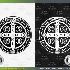 May include: A black and white circular design with the words "V.B. PAX VRSN" and "S.M.Q.L.V.B. PAX VRSN" around the outside. The center of the design features a cross with the letters "C.S.S.N.D.S.M.D.P.M.L.B." in circles around it.