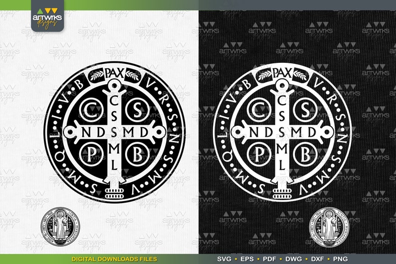 May include: A black and white circular design with the words "V.B. PAX VRSN" and "S.M.Q.L.V.B. PAX VRSN" around the outside. The center of the design features a cross with the letters "C.S.S.N.D.S.M.D.P.M.L.B." in circles around it.