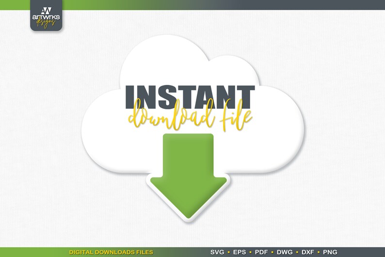 Puede incluir: Una nube blanca con texto negro que dice "INSTANT download file" y una flecha verde hacia abajo.