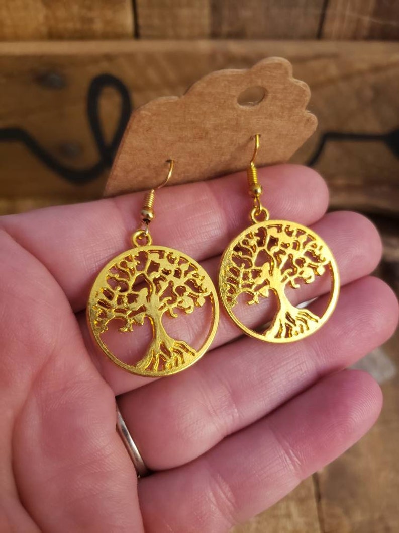 Large Gold Circular TREE OF LIFE silhouette earrings *Hypoallergenic Surgical steel earring hooks