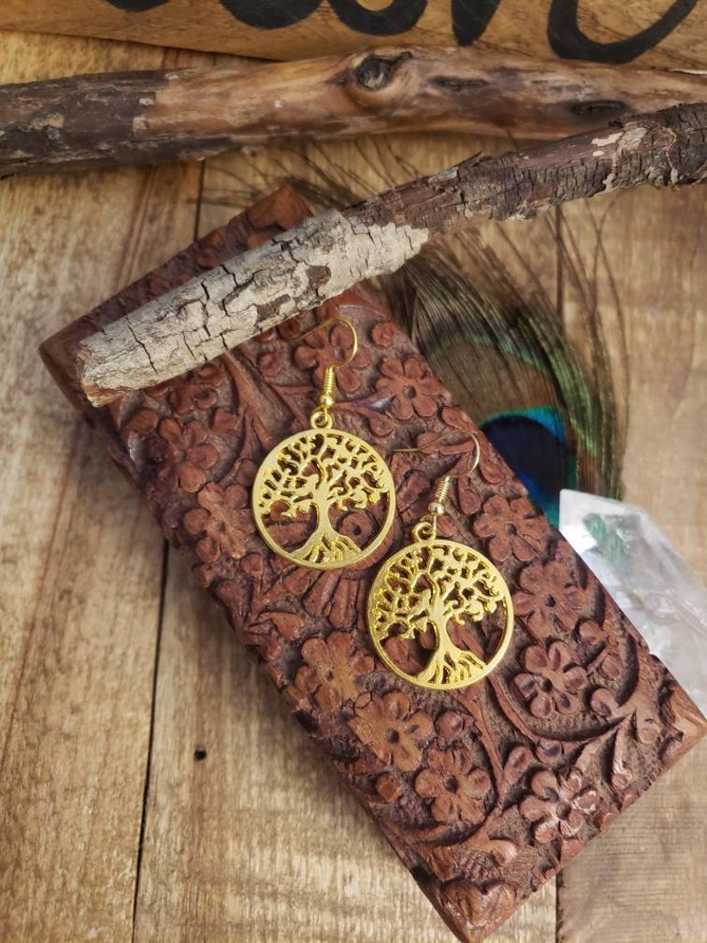 Large Gold Circular TREE OF LIFE silhouette earrings *Hypoallergenic Surgical steel earring hooks