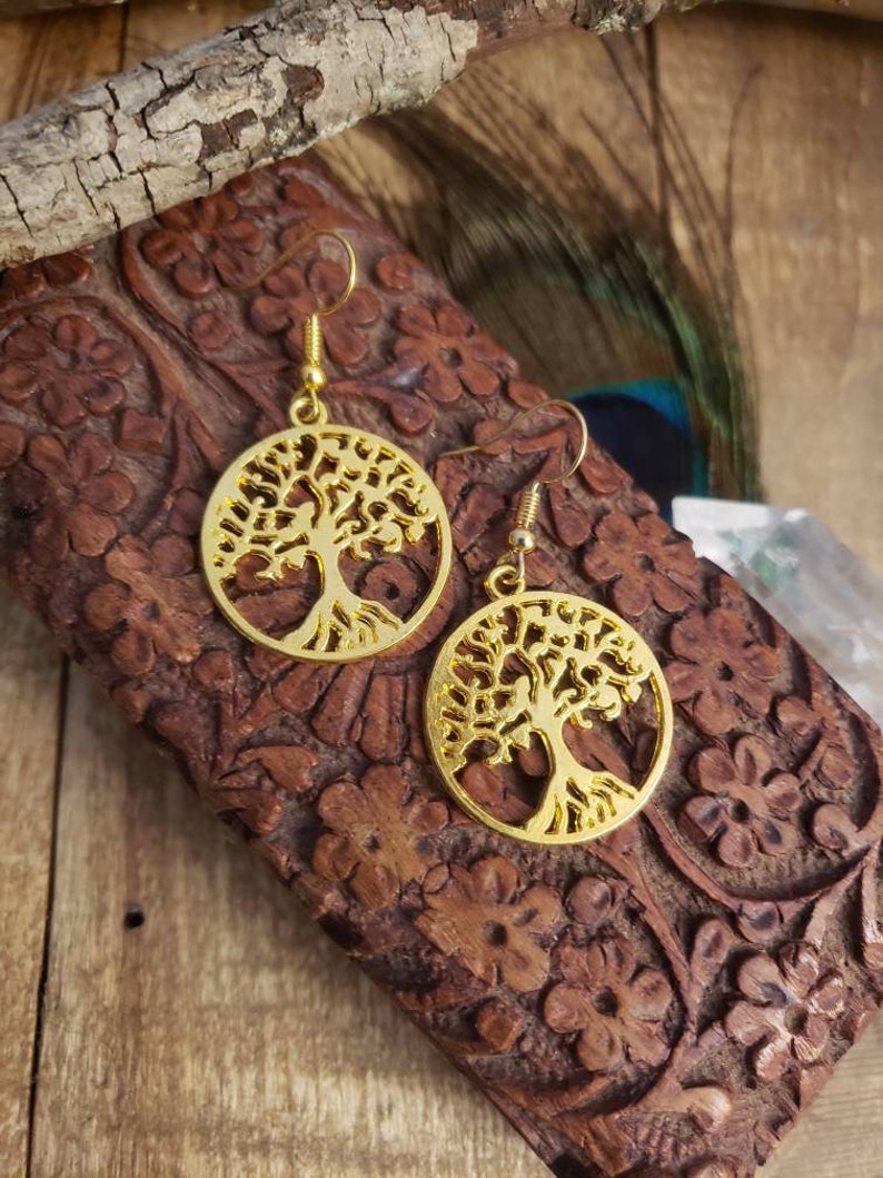 Large Gold Circular TREE OF LIFE silhouette earrings *Hypoallergenic Surgical steel earring hooks