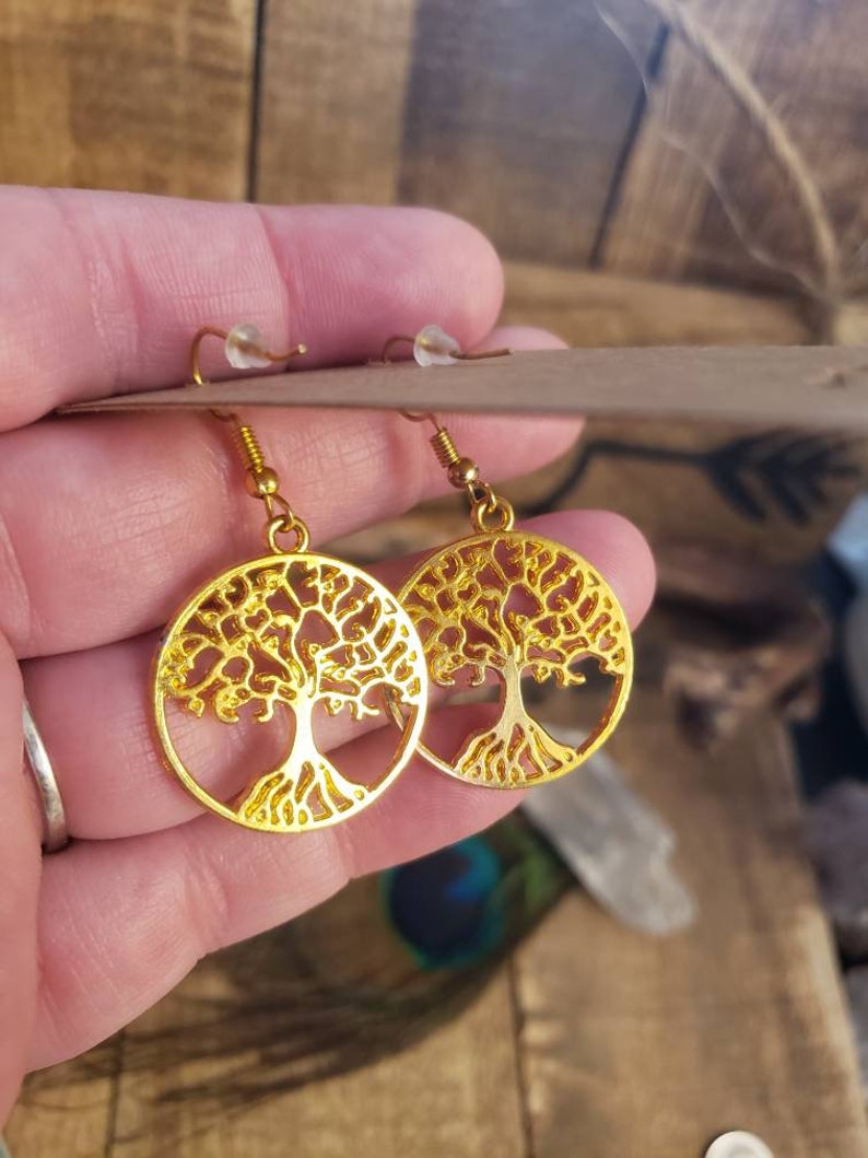 Large Gold Circular TREE OF LIFE silhouette earrings *Hypoallergenic Surgical steel earring hooks