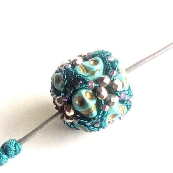 Turquoise sugar skulls beaded bead pendant on adjustable gray leather cord necklace