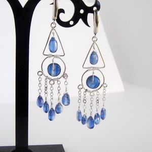 Art Deco Blue Kyanite  earrings,blue gemstone geometric chandelier earrings,blue and silver chandelier