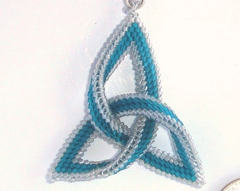 Celtic Triangle Knot pendant woven in silver and teal seed beads,