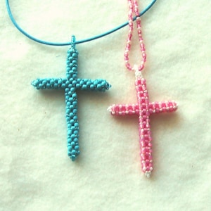 Large beaded cross necklace in pink or turquoise
