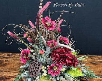 Red Floral Deer Antler Centerpiece with Pheasant Feathers