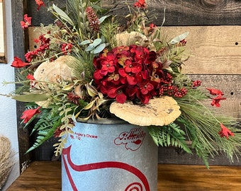 Vintage Red Floral Minnow Bucket, Cabin Floral Decor, Cabin Arrangement