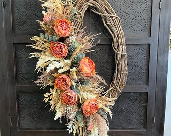 Burnt Orange Boho Oval Wreath, Western Boho Wreath