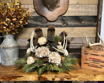 Floral Deer Antler Centerpiece with Wild Turkey Feathers