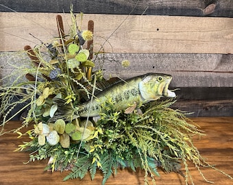 Large Bass Fishing Arrangement, Lake House Decor, Fishing Centerpiece