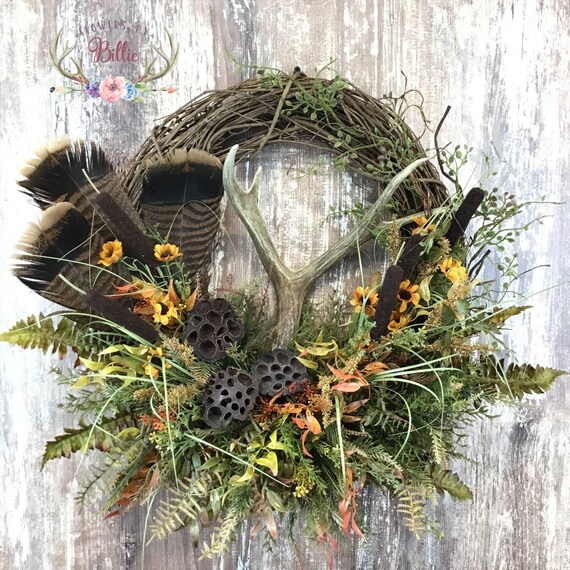 Mule Deer Antler Wreath With Wild Turkey Feathers Deer Antler | Etsy