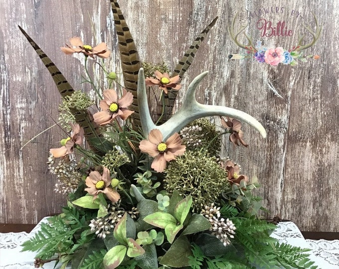 Spring Deer Antler Arrangement With Pheasant Feathers, Deer Antler