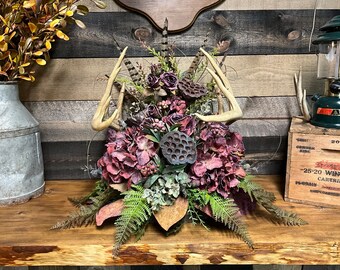 Large Burgundy Antler Centerpiece, Deer Antler Floral, Cabin Floral Arrangement