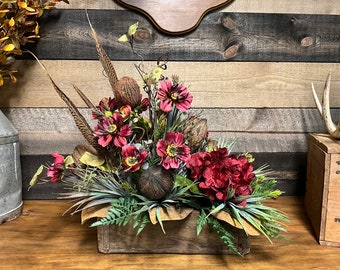 Red Floral Deer Antler Centerpiece with Pheasant Feathers