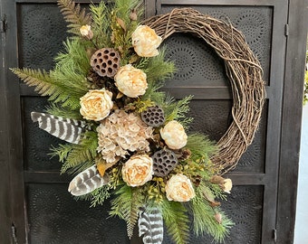 Rustic Cream Peony Wreath with Wild Turkey Feathers, Cabin Wreath, Lodge Wreath, Wildlife Wreath