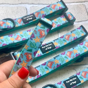Puede incluir: Cuatro collares para perros de color azul turquesa con un patrón de vida marina. Los collares presentan un patrón repetido de tortugas marinas, estrellas de mar, conchas y cangrejos. Cada collar tiene una hebilla negra y una etiqueta negra que dice "Fur the Love of Toys".