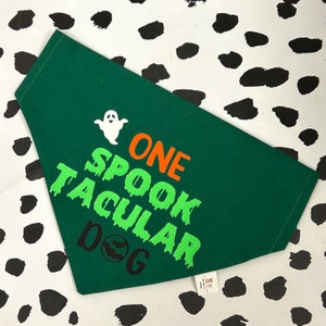May include: Green dog bandana featuring a ghost, the words "One Spooktacular Dog" in green and orange, and a bat graphic.