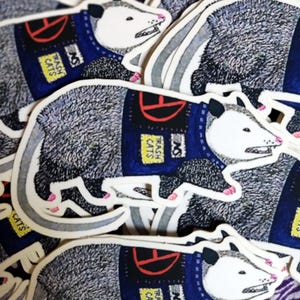 Puede incluir: Una colección de pegatinas con un dibujo de una zarigüeya que lleva un chaleco azul con las palabras "Trash Cats". La zarigüeya tiene pelaje gris, cara blanca y patas y nariz rosas. Las pegatinas tienen un borde blanco.