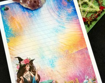 May include: A witch with long brown hair and a black dress is holding a key and looking at a cauldron. The background is a colorful watercolor painting with a swirling pattern. The image also includes a bouquet of pink roses, a book with the title "Alchemy & Spells", and a bottle labeled "Love Potions".