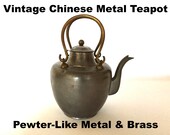 Vintage Chinese Metal Teapot Pewter-Like Brass Asian Hong Kong Oriental