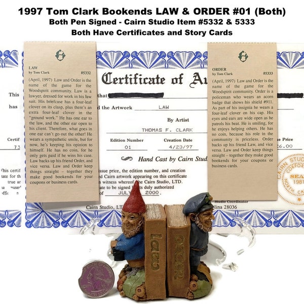 Tom Clark Bookends LAW #1 AND ORDER #1 Pen Signed 1997 Cairn Studios Item #5332 & 5333 Vintage