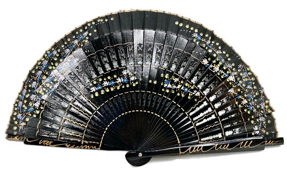 RARE Folding Hand Fan Hand Painted Black Lacquere… - image 2