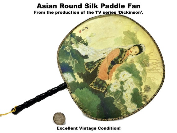 Silk Paddle Hand Fan Asian Scene Round Vintage - image 1