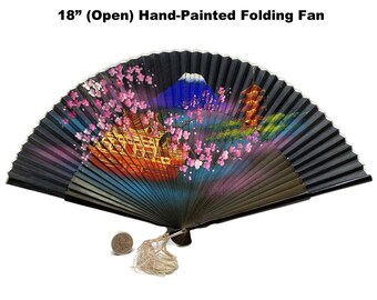 Folding Hand Fan Hand Painted Black Silk Mt Fuji Cherry Blossoms Vintage