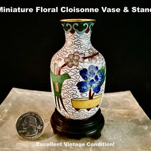 Asian Cloisonne Vase & Stand Miniature Gold Gilt Floral Vintage