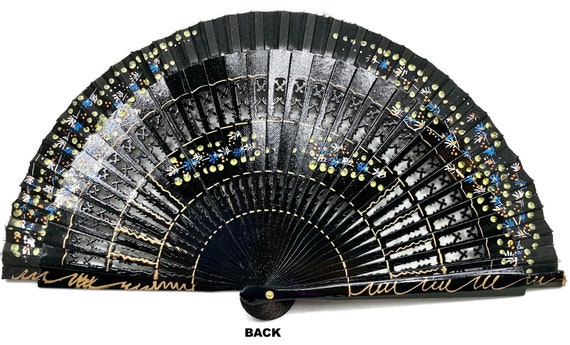 RARE Folding Hand Fan Hand Painted Black Lacquere… - image 5