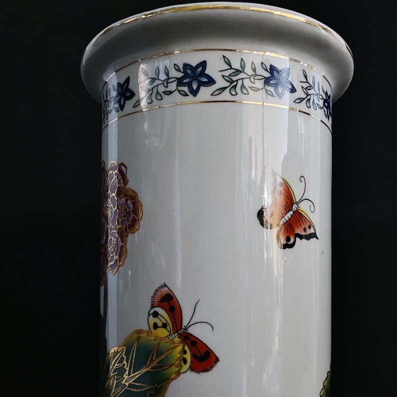 Asian Porcelain Vase 10 Tall Butterfly Floral Hand Decorated Gold Gilt Vintage