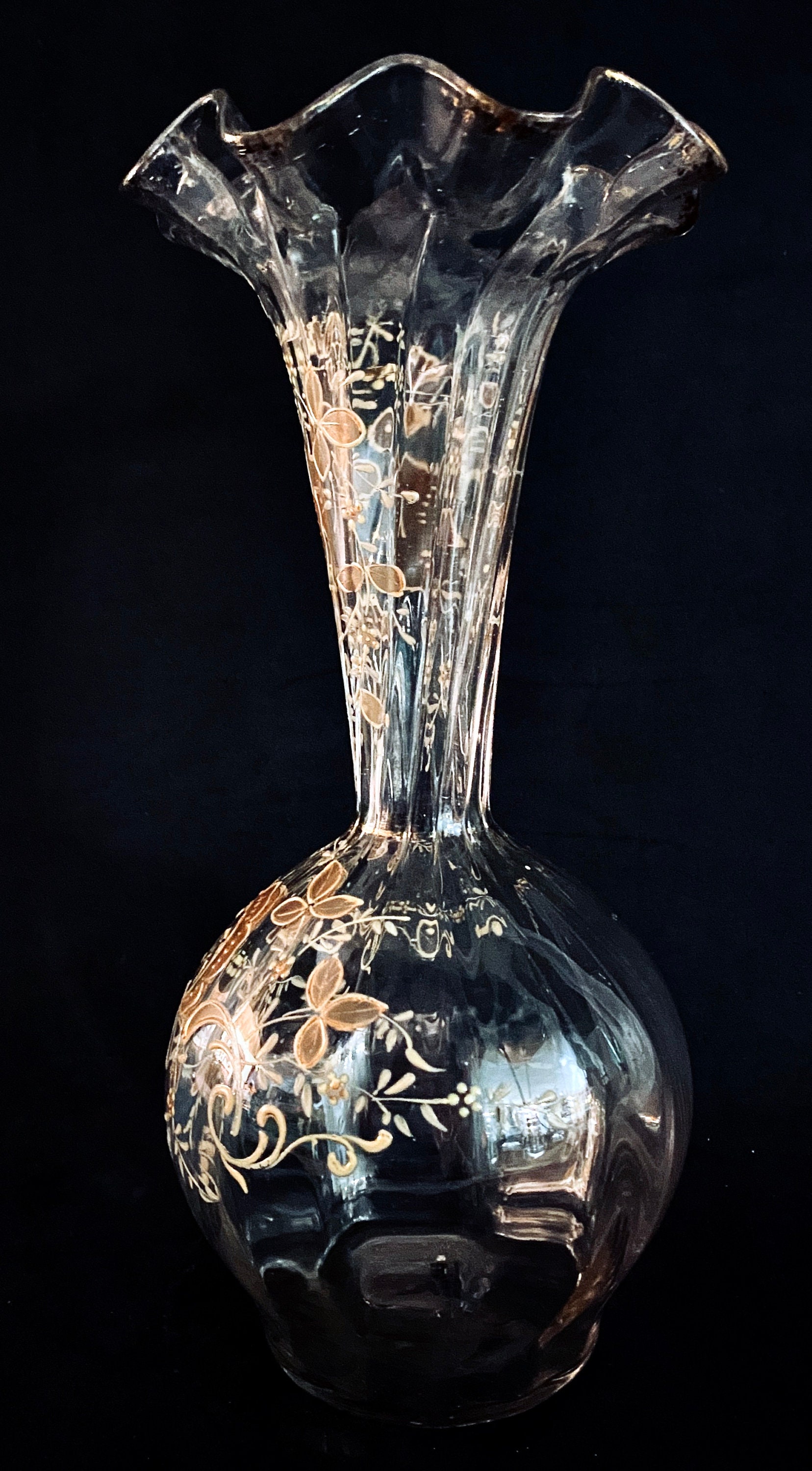 Handblown Glass Vase Fluted Rim Hand Painted Raised Gold Decoration ...