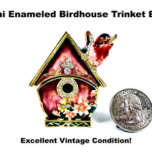 Enameled Birdhouse Box Miniature Ring Trinket Pill Vintage