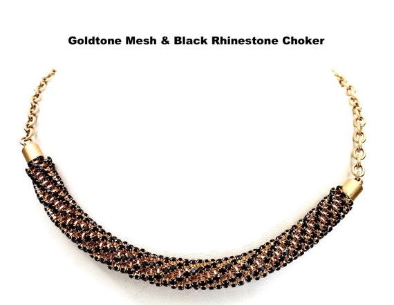 Mesh & Rhinestone Choker Necklace Gold Tone Vinta… - image 1