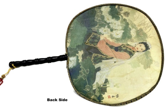 Silk Paddle Hand Fan Asian Scene Round Vintage - image 3