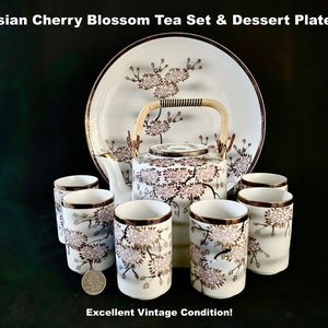 Asian Cherry Blossom Tea Set & Dessert Plate Porcelain 8 Piece Vintage