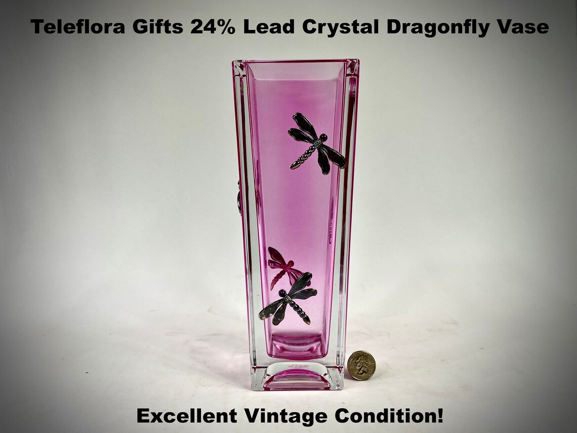 Teleflora Dragonfly Encased Glass Vase 24 Lead Crystal Pink Etsy