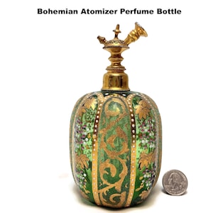 Bohemian Green Glass & Gold Accents Perfume Bottle Brass Atomizer Vintage