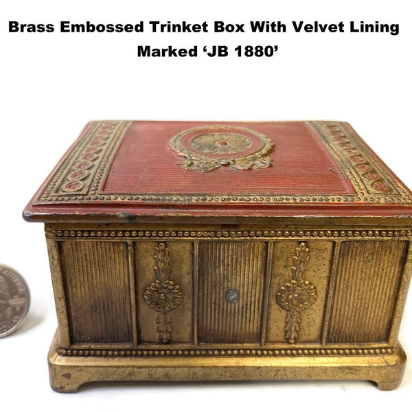 JB Embossed Brass Trinket Box Velvet Lining Hinged Lid Jennings Brothers Jewelry Casket Vintage