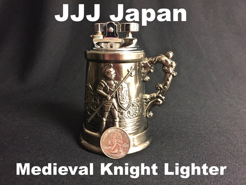 Vintage Pewter Like Stein Table Top Cigarette Cigar Lighter Armored Knight Tankard Tobacciana Man Cave Bar Ware