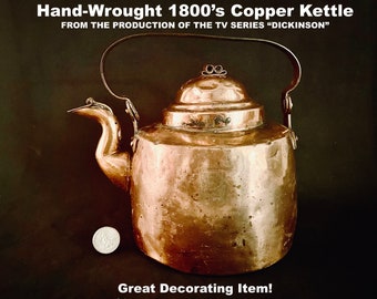 Copper Tea Kettle Hand Wrought 1800s Gooseneck Steam Cap Riveted Strap Antique