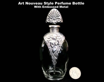 Art Nouveau Style Perfume Bottle Silver Tone Metal Decoration Vintage