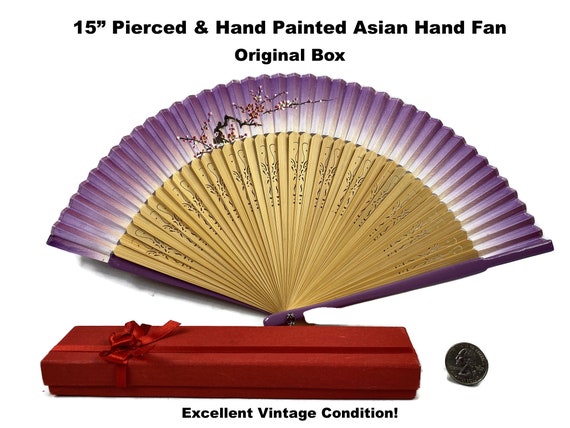 Folding Hand Fan Hand Painted Lavender Silk Floral Vintage