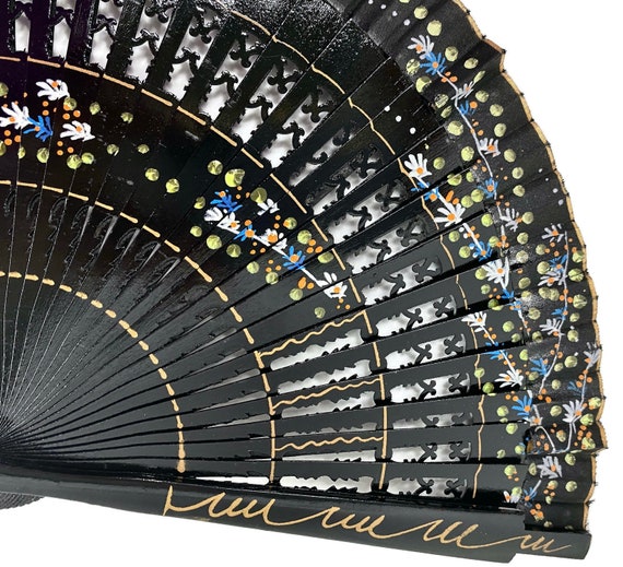 RARE Folding Hand Fan Hand Painted Black Lacquere… - image 3