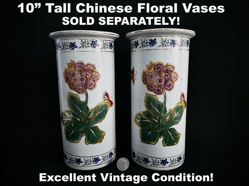 Asian Porcelain Vase 10 Tall Butterfly Floral Hand Decorated Gold Gilt Vintage
